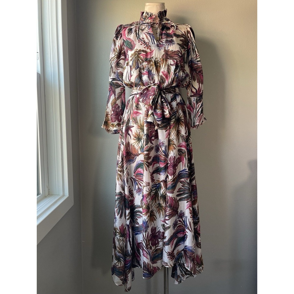 Chufy Silk Maxi Dress Multicolor Tropical Floral Ruffle Neck Tie Waist